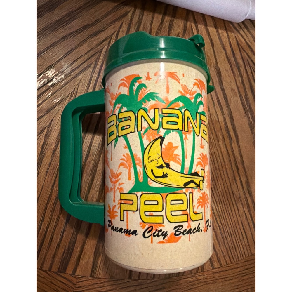 Vintage Whirley Banana Peel Panama City Beach Florida Travel Mug Green Lid TM-32